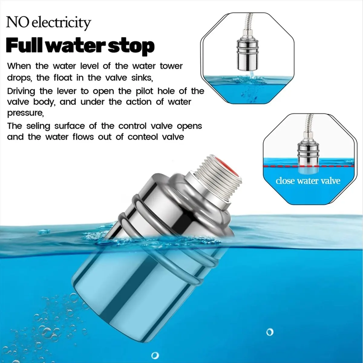 A89X 304 Stainless Steel Fully Automatic Water Level Control Float Valve, 1/2In 3/4In Auto Fill Shut Off Water Float Valve