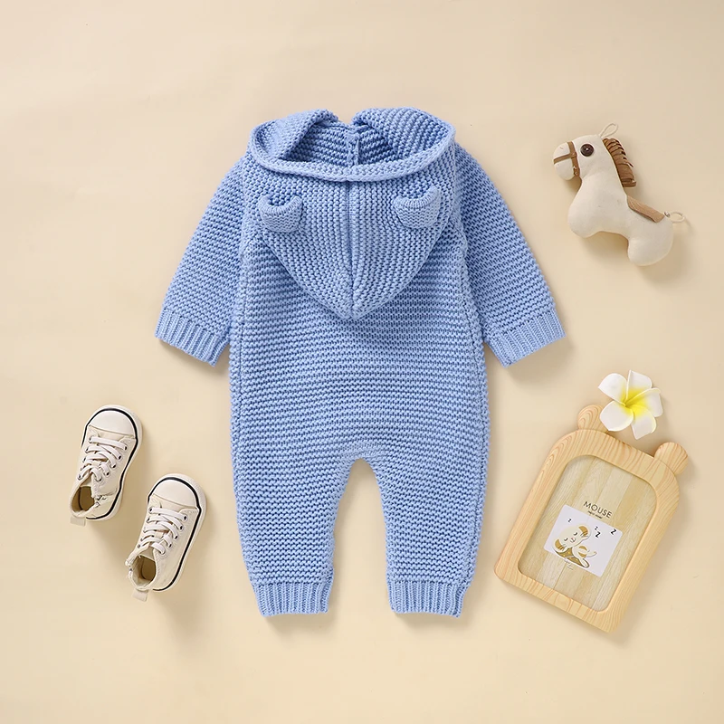 Infant Baby Romper Long Sleeve Newborn Girl Boy Jumpsuit Fashion Hooded Kid Children Solid Clothes 0-18M Knitted Overalls Autumn