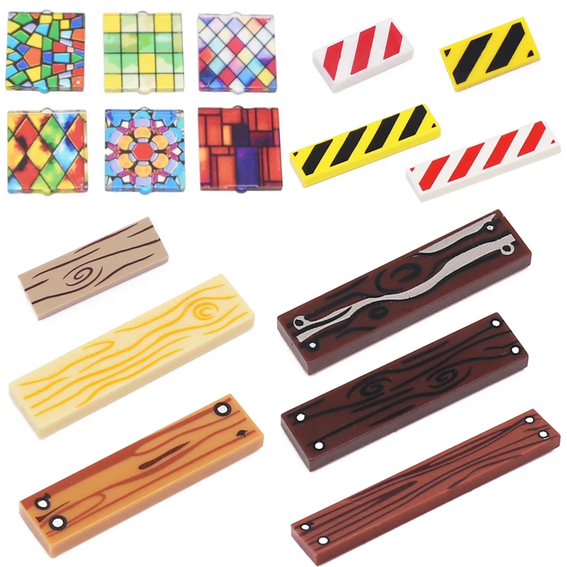 Bloques de construcción de ciudad MOC 2X2, azulejo de cerámica impreso, suelo de grano de madera, vitral, ventana, advertencia de carretera, tablero de rayas, juguetes de ladrillos