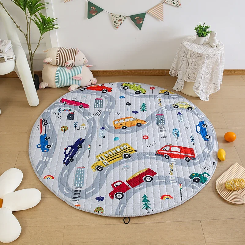 Car Map Nursery Safety Play Mat For Kids Soft Cotton Carpet For Kids Bedroom Baby Crawling Pad Round Storage Beach Picnic Rug