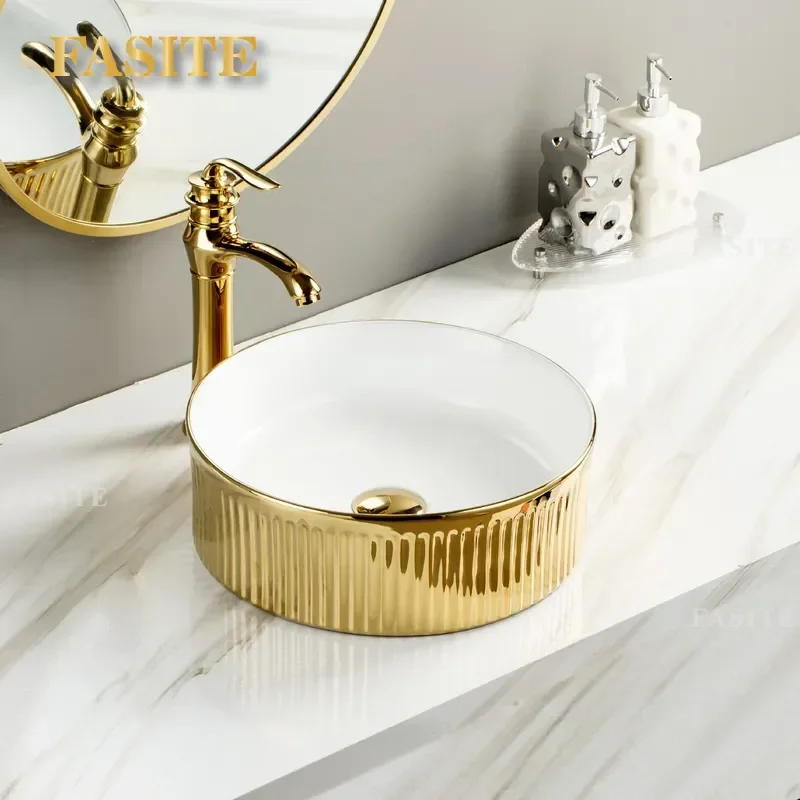 For Bathroom Golden Electroplated Ceramic Art Basin Luxury Countertop Wash Basin with Faucet Customized Modern Vanity Sink