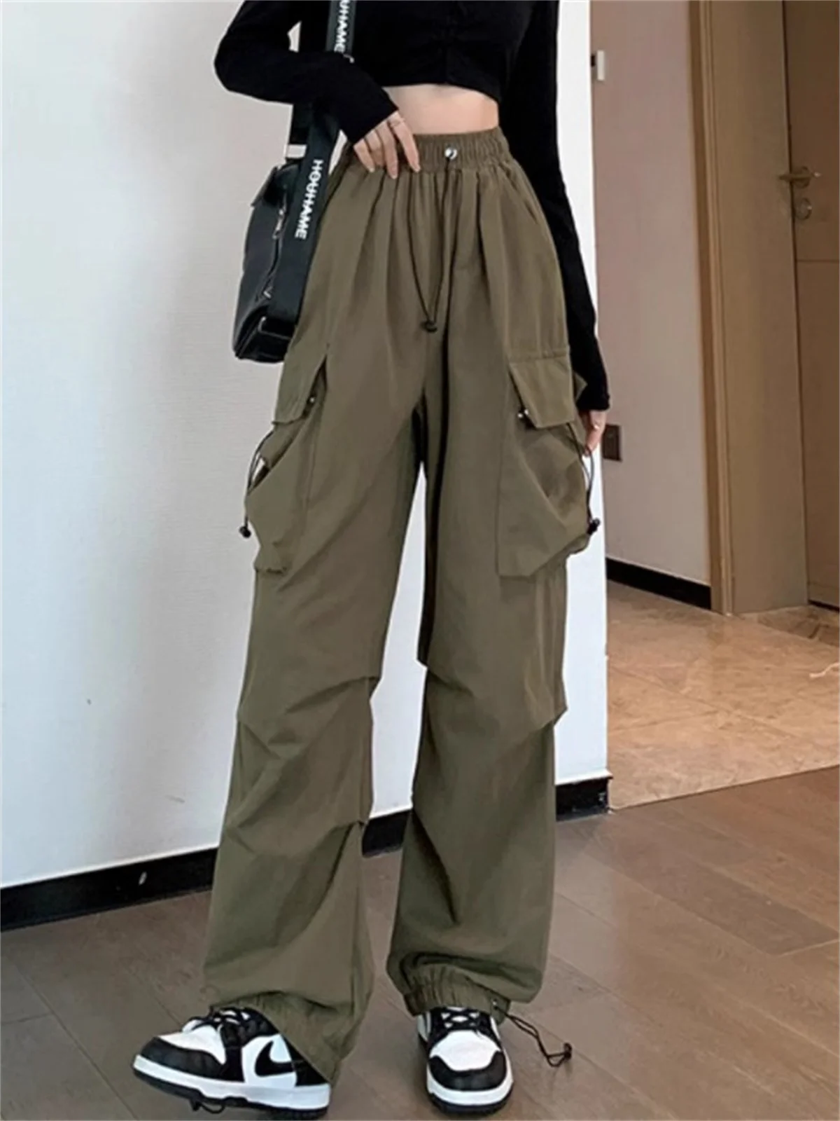 Pink Big Pockets Cargo Pants Women High Waist Cool Outwear Baggy Tactical Trouser Fashion Hip Hop Joggers Trousers Female Pants