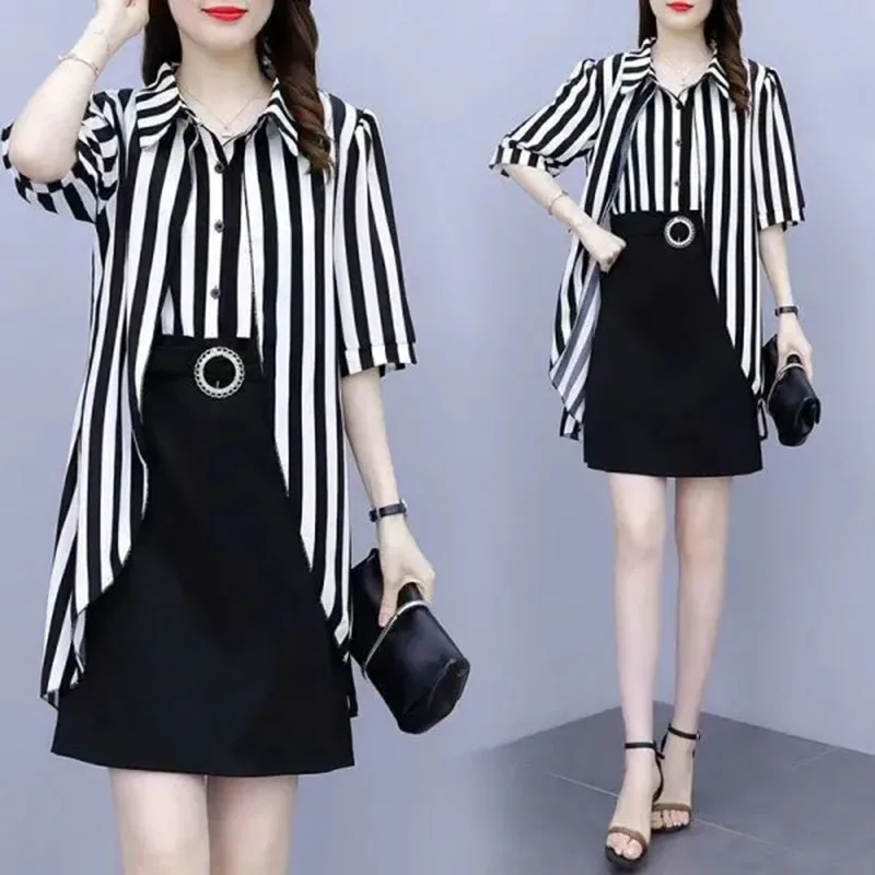 Summer New Loose Fake Two-piece Elegant Dress Ladies Chiffon Stripe Stitching Slim Slimming Casual Skirt Female Tide.