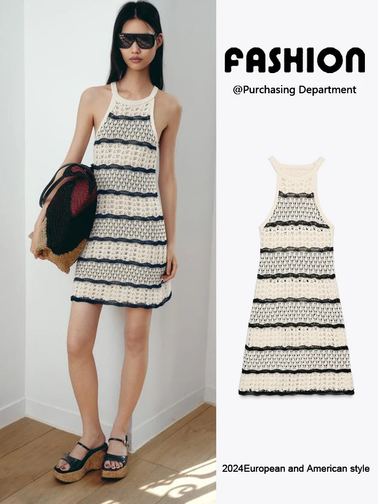 Summer 2025 New Faion Women's Svel Texture Knitted Hanging Ne  Dr Commute Sle Single Piece Stripe Pattern