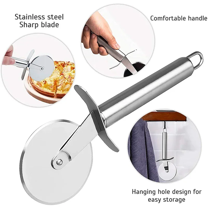 Premium Stainless Steel Kitchen Pizza Cutter Wheel Server Tools Home Knife Waffle Cookies Cake Bread Dough Slicer Baking Gadgets