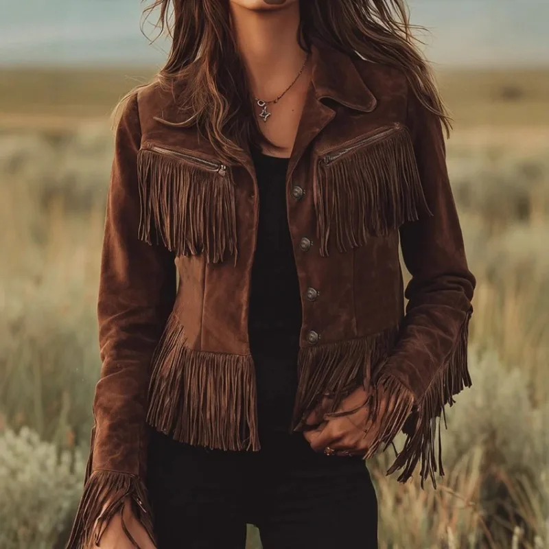 New Cross-border Fringed Suede Jacket Solid Color Lapel Short Slimming Autumn and Winter Belt Women Jacket Fringed Women's Coat
