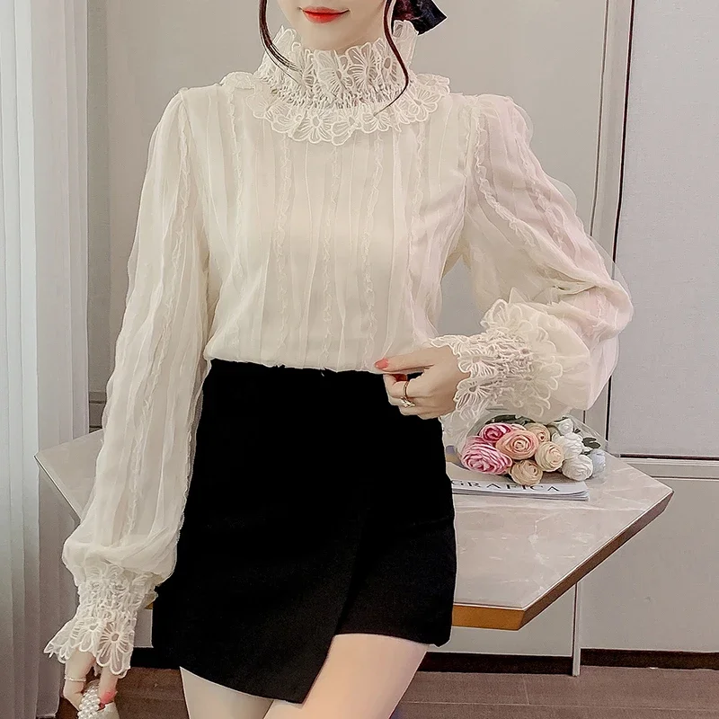 Women\'s Lace Shirts Blouses Y2k Vintage Aesthetic Harajuku 2000s Elegant Fashion Solid Color Long Sleeve Shirt Top Clothes 2024