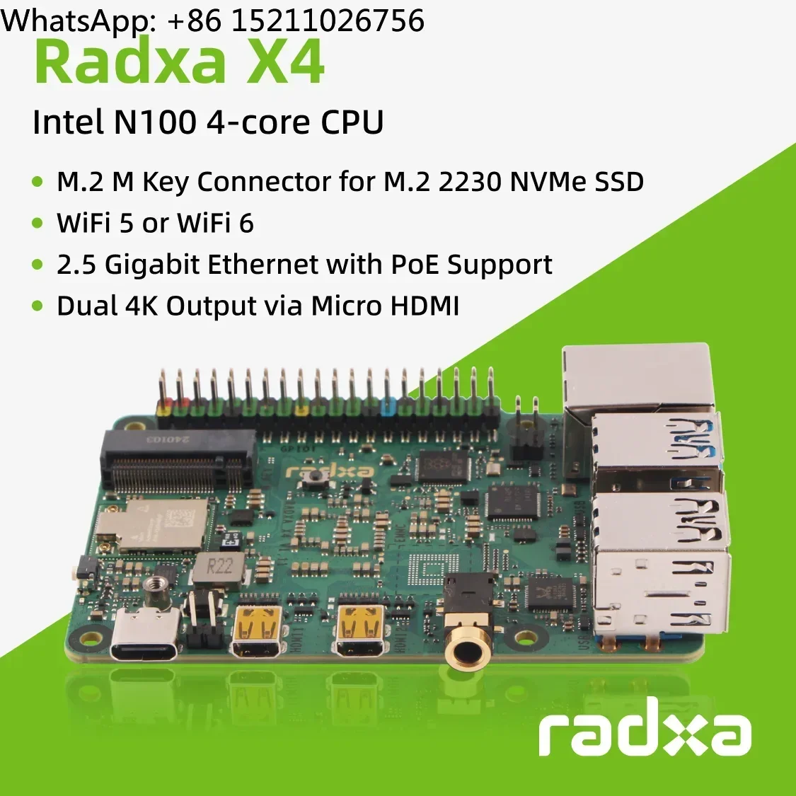 Radxa X4 with N100, Dual 4K Output, 2.5Gbps Ethernet, PCIe 3.0 M.2 M Key, WiFi 5/6, High-Performance SBC