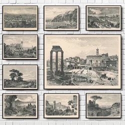 Italy 1877 Engraving Fine Art Sketch Poster Print Sorrento Verona Florence City Classical Landscape Canvas Painting Home Decor