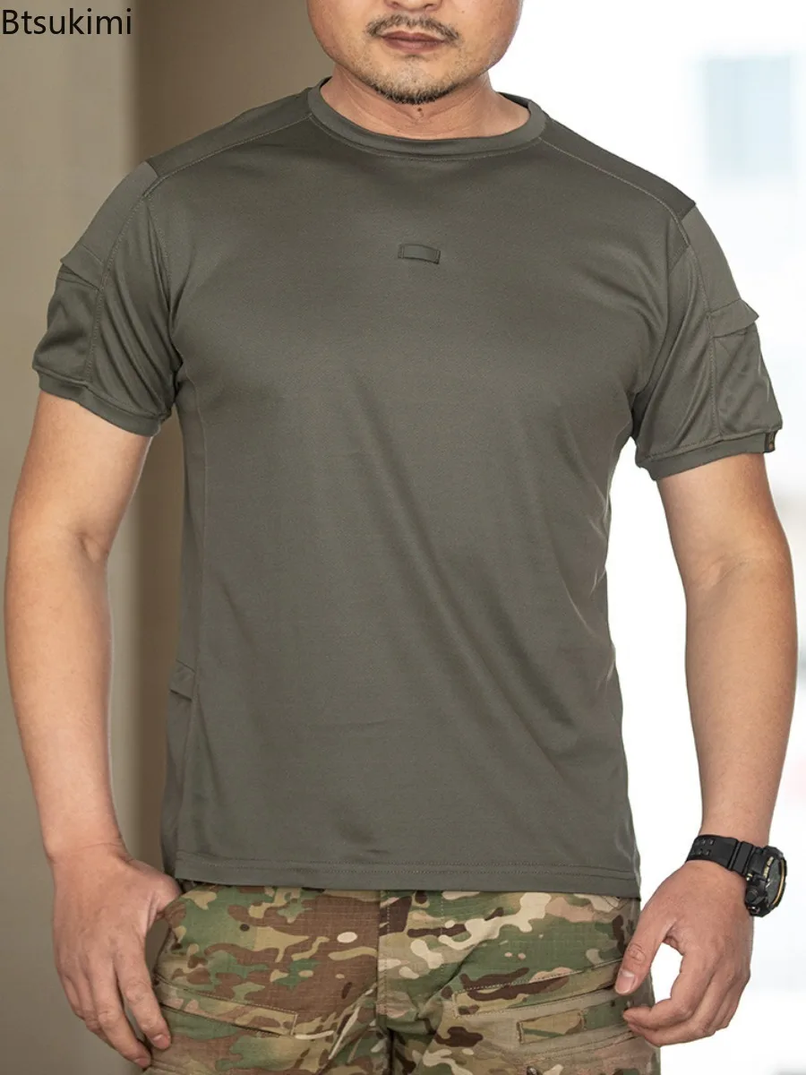 Quick Drying Tactical T-shirt Men Summer Solid Multi-functional Arm Pockets Military Short Sleeve Breathable Blouse Training Top
