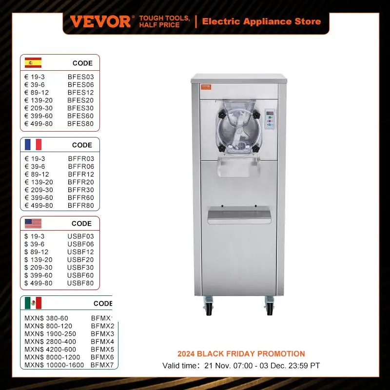 VEVOR Sorbetière Commerciale Rendement 18 L/h, Turbine à Glace 1600 W Saveur Unique, Machine à Glace