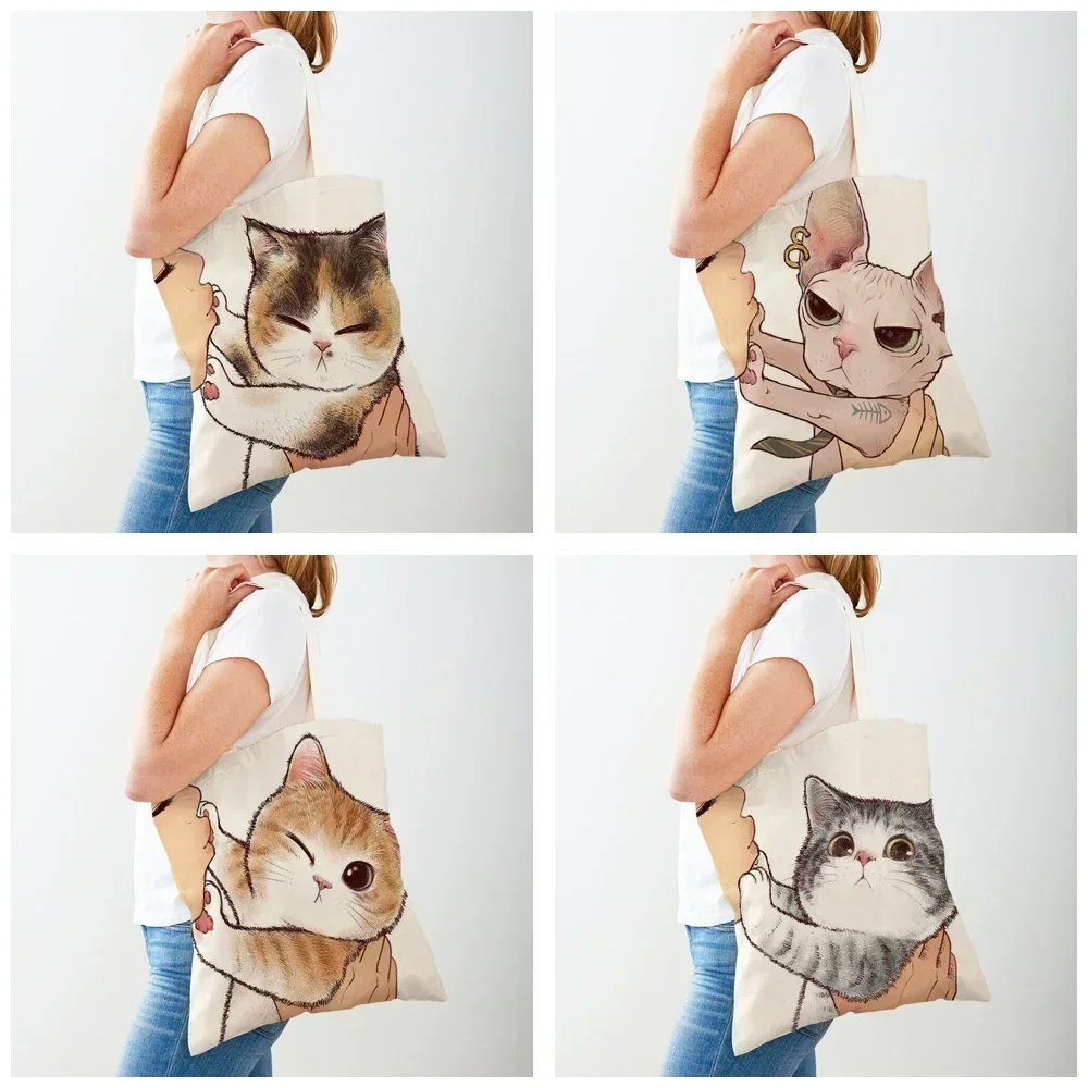 CW1-Sac de courses en toile réutilisable pour femme, animal de compagnie mignon, sac à provisions décontracté, chat de dessin animé drôle, double face