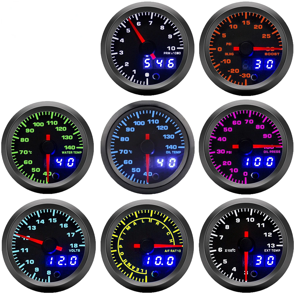 

52mm Car 7 Colors LED Dual Display Boost Water Oil Temp Pressure Meter Volt Air Fuel Ratio EGT Gas Tachometer RPM Gauge