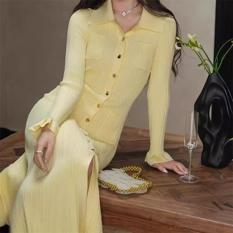 New 2024 Autumn Women Elegant Maxi Dress Long Length Polo Collar Buttons High Street Chic A-Line Lady Fashion Design Trendy