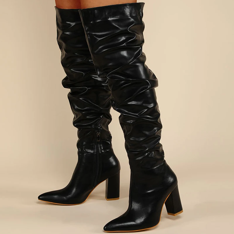 

Fashion Winter Pointed Toe Over-the-Knee Boots Woman Chunky High Heels Side Zipper Nightclub Party Ladies Long Shoes Size 35-42