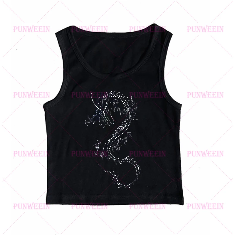 Flash Drill Dragon Print Tee Gothic Punk Emo Girls Personality Crop Tops Sexy Slim 90s Y2K Harajuku Aesthetic Streetwear T-Shirt