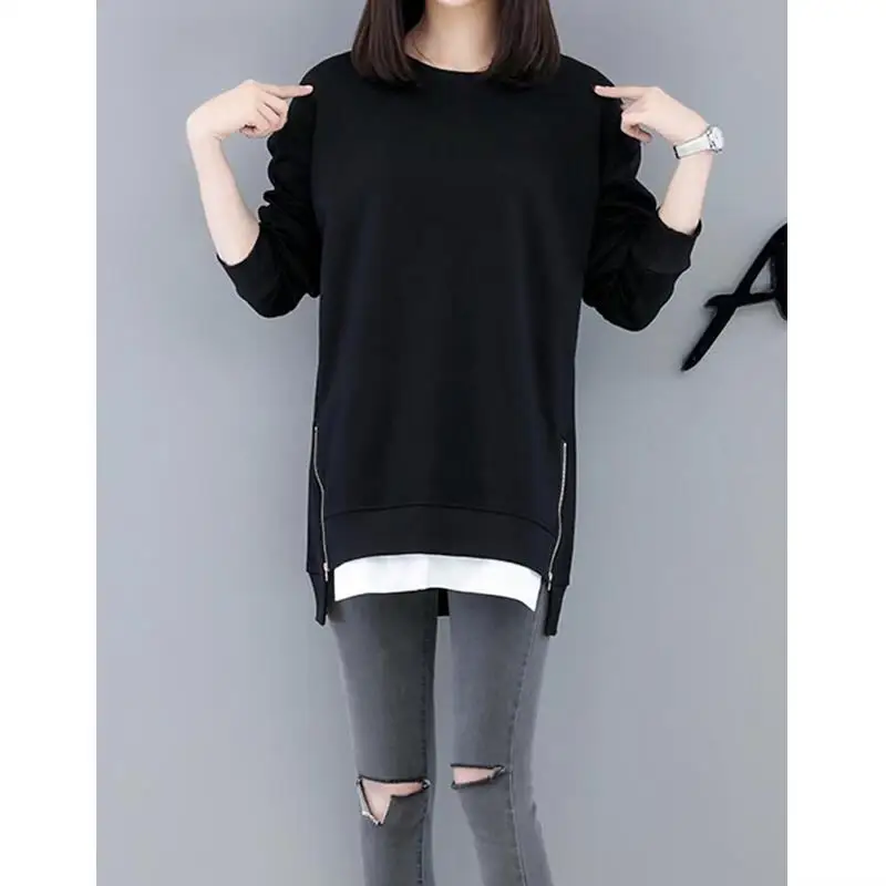 Korean O Neck Black Zipper Patchwork Tunic Pullover Top Female Casual Loose Long Sleeve Streetwear Sweatshirt Women Clothing 4XL