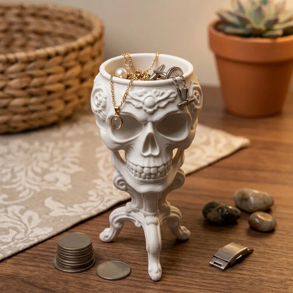 3D Printed Halloween Goblet Skull Planter Gothic Vintage Carved Skull-Shaped Table Vase Integrated Spooky Dark