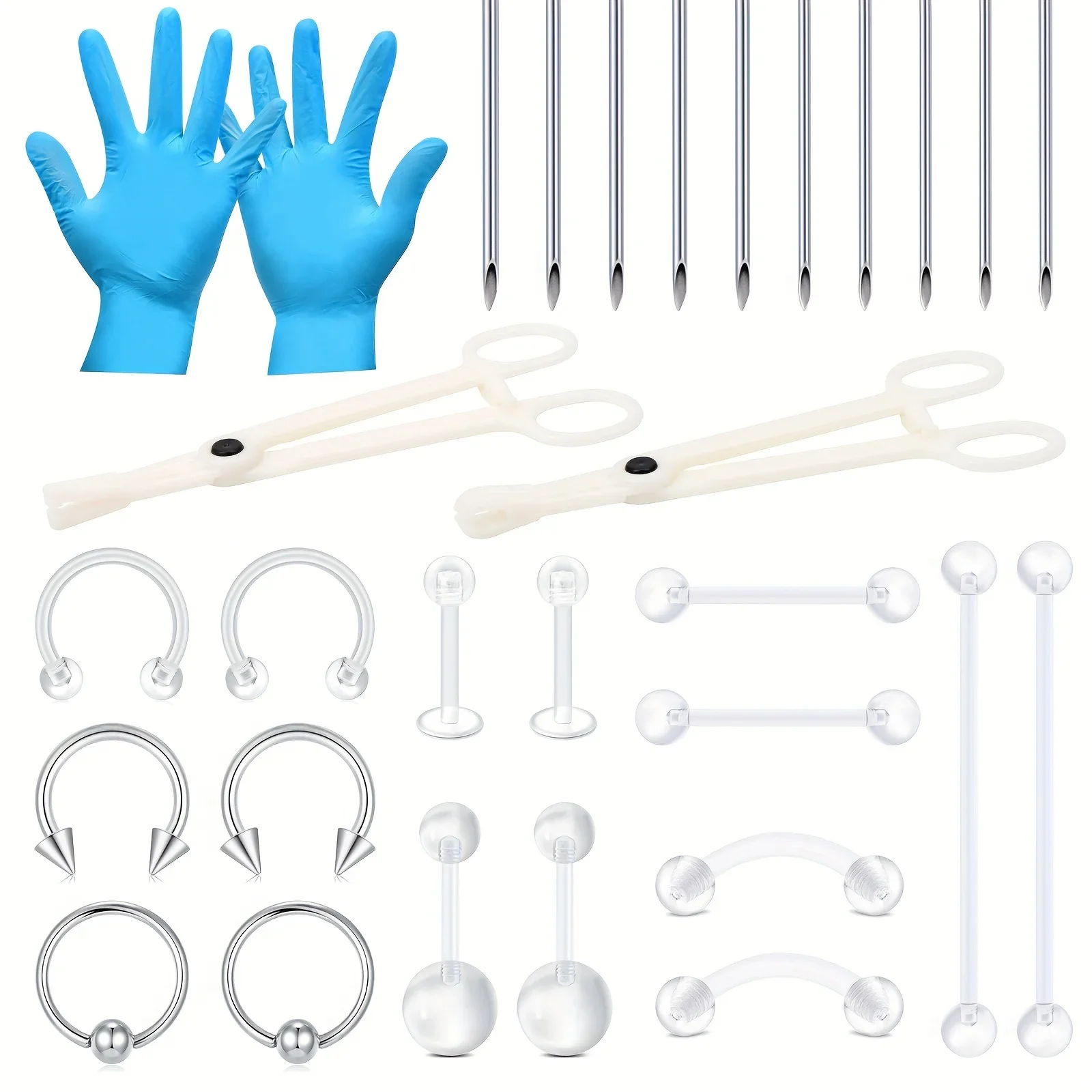 30pcs Stainless Steel 14G Belly Tongue 16G Nose Lip Septum Ear Industrial Helix Eyebrow Tragus With Piercing Needle Clamp Tool
