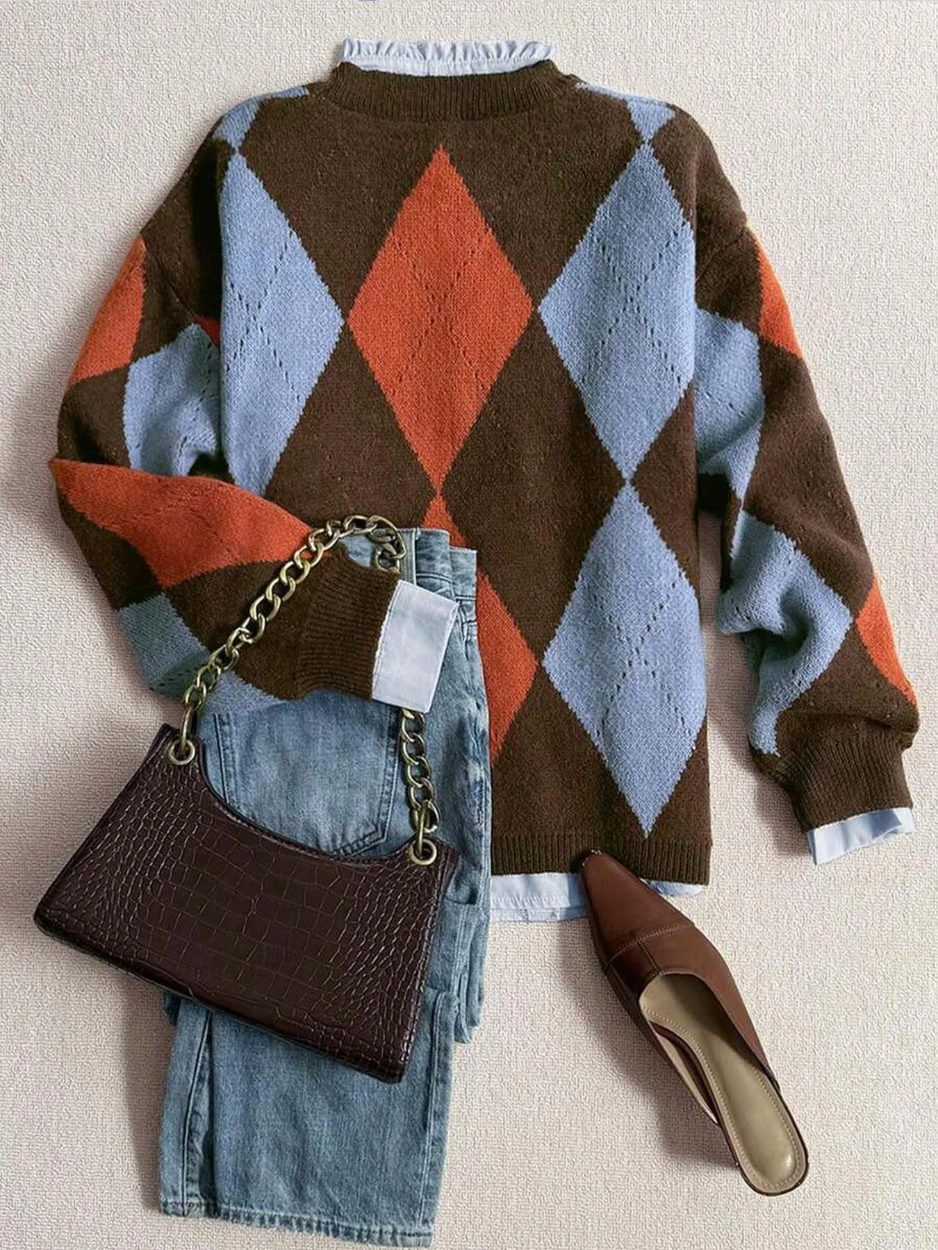 Women's Vintage Color‑Block Argyle Knit Sweater, Crew Neck Long Sleeve Pullover Top, Casual Outfit for Fall & Winter Travel
