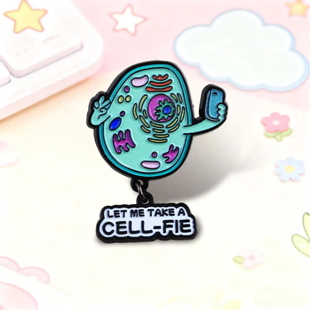 Funny Cell Biology Enamel Pin LET ME TAKE A CELL FIE Dangle Brooch Science Lapel Pin Backpack Badge Gift