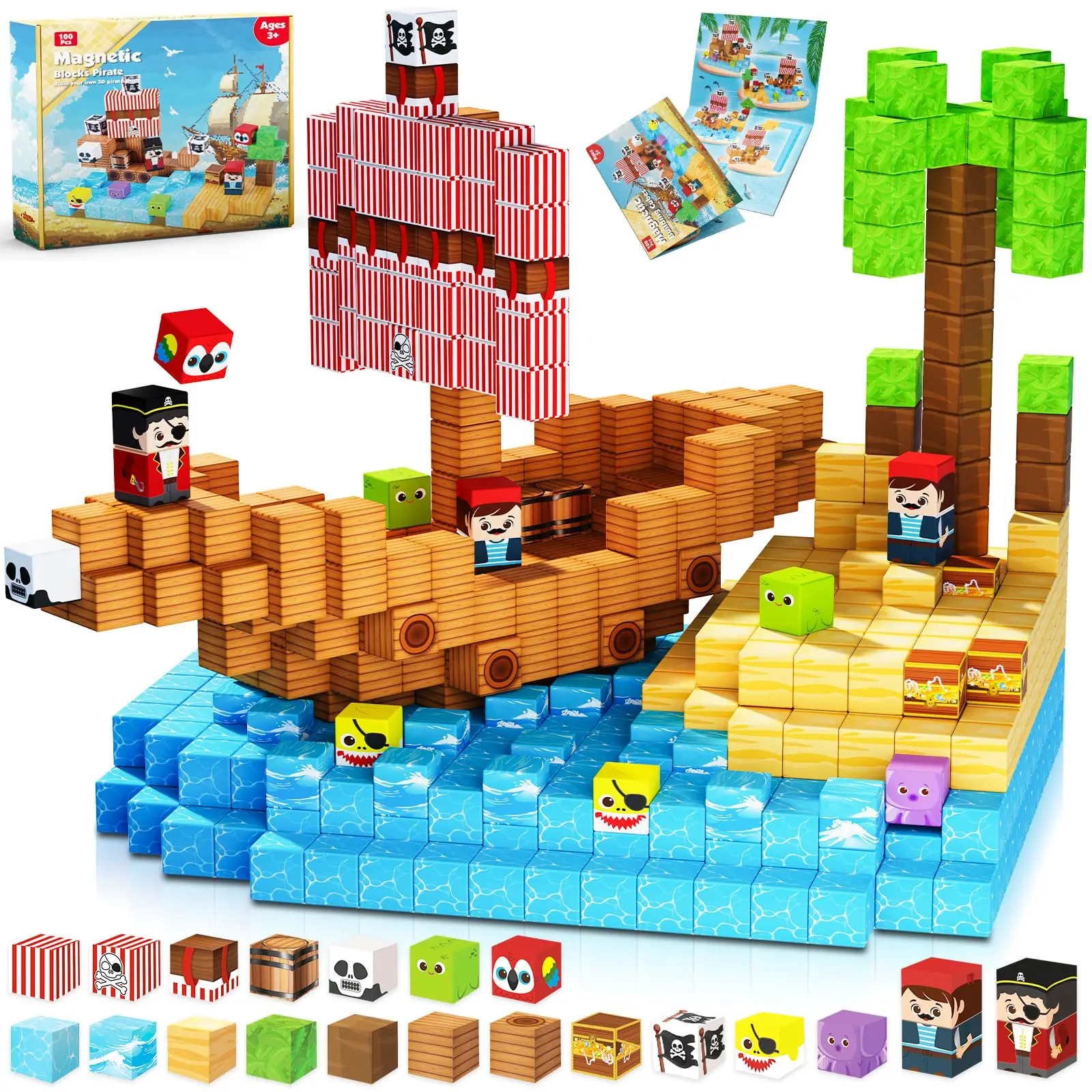 

Magnetic Blocks Build Pirate Ship World Set, Magnetic Building Cube Stacking STEM Montessori Sensory Toys for Kids Boys Girls