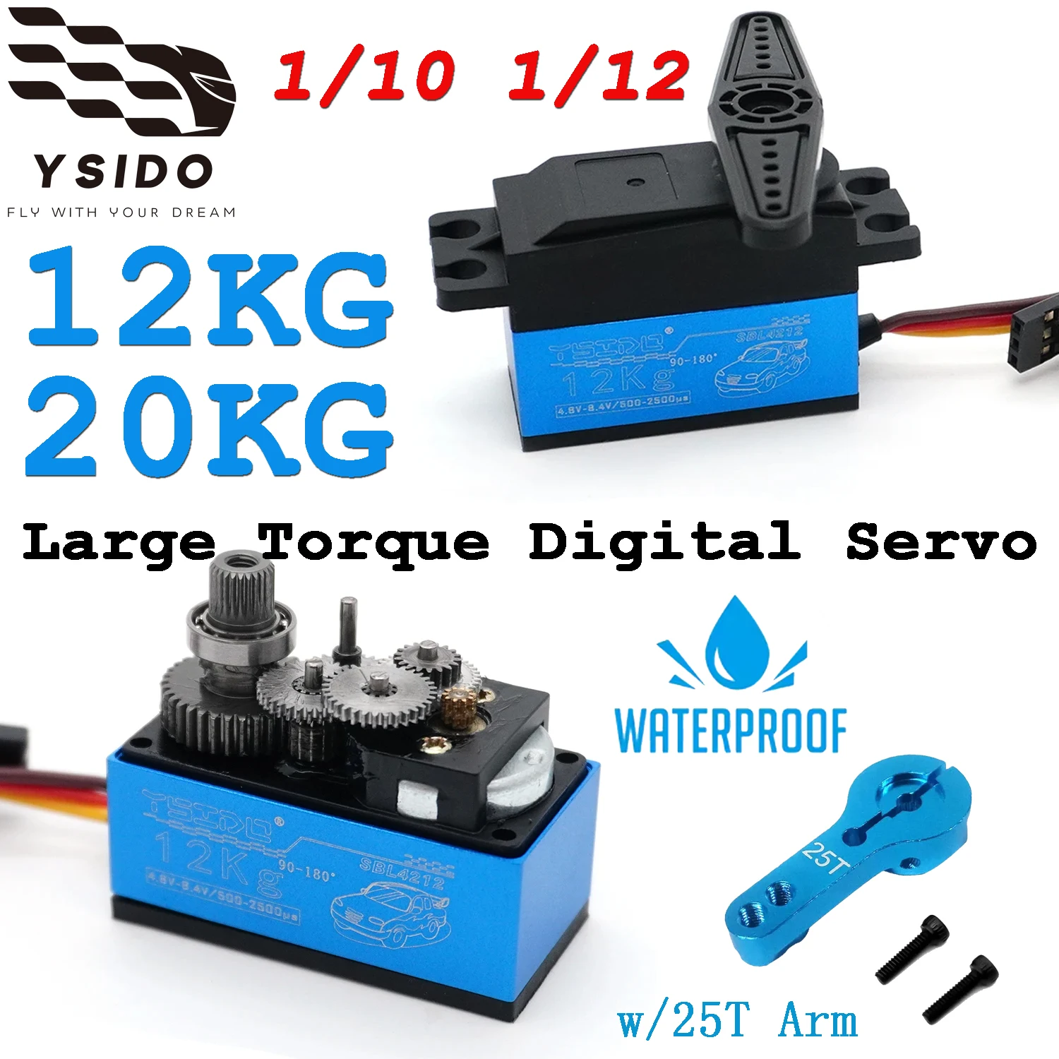 YSIDO Wasserdichter 12KG 20KG Digital-Servo mit großem Drehmoment und 25T Arm für 1:10 1:12 RC Drift Rennwagen Roboter Wltoys SCX10 TRX4 Axial