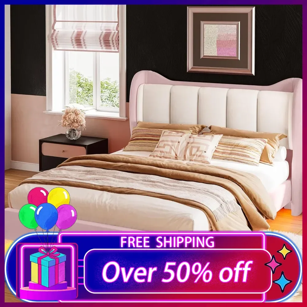 Queen Bed Frame with Headboard,Velvet Upholstered Platform Bed with LED Light,Solid Wood Slats Support,No Box Spring Needed,Pink