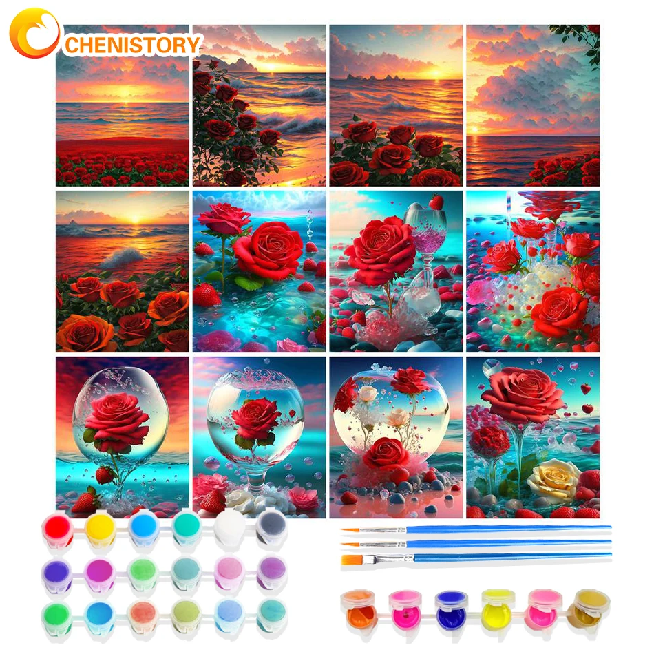 

CHENISTORY Diy Handwork Painting By Numbers For Adults Rose Scenery Home Decor Drawing On Canvas Artwork 60x75cm Framed