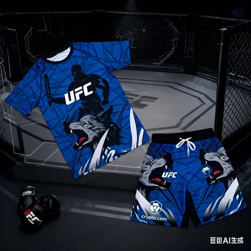 

UFC Men's T-shirt and Shorts Set, Sweatshirt Breathable Quick Drying Wrestling Boxing Running Printed Clothing