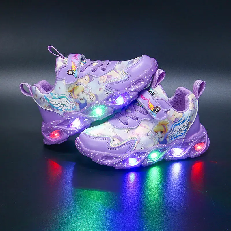 Bebê menina luzes led tênis casuais crianças adorável anjo menina padrão de couro do plutônio respirável malha sapatos presente aniversário para crianças