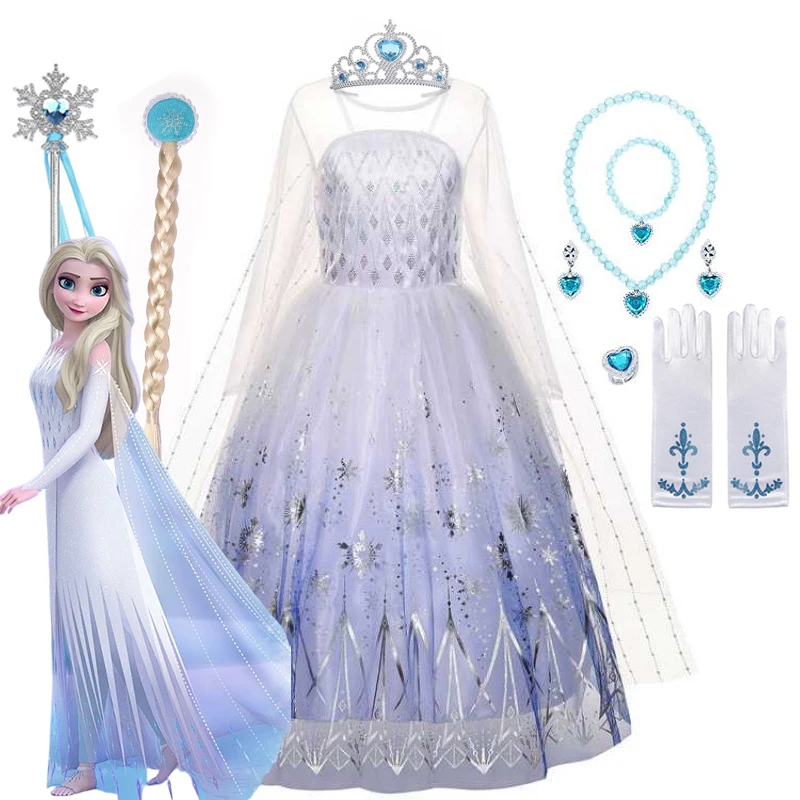 Vestido de Princesa Elsa de Frozen con Capa para Niña, Vestido Blanco de Manga Larga con Encaje, Vestido Festivo de la Reina de las Nieves de Disney Frozen