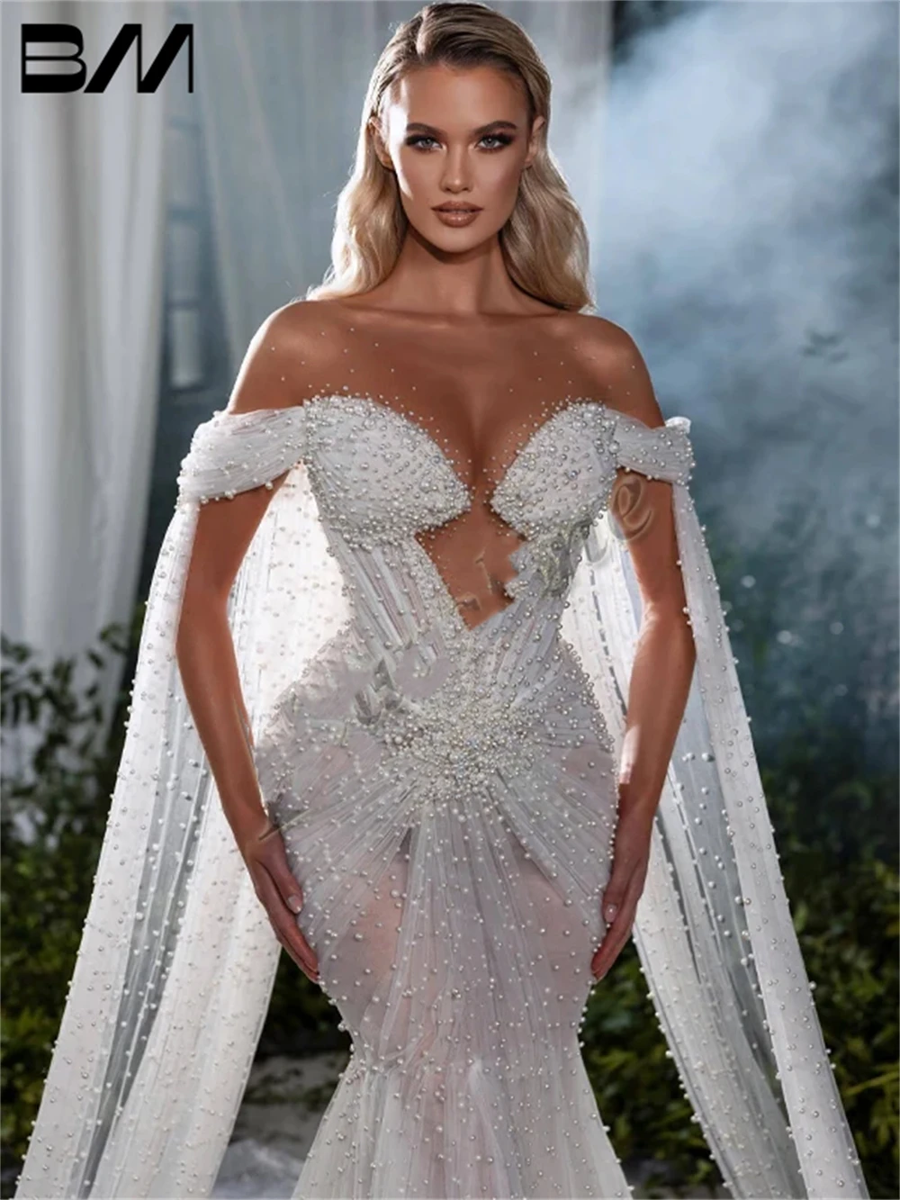 Sexy Illusion abito da sposa a sirena con perle collo trasparente mantello Tulle abiti da sposa di lusso abito da sposa donna Robe De Mariee