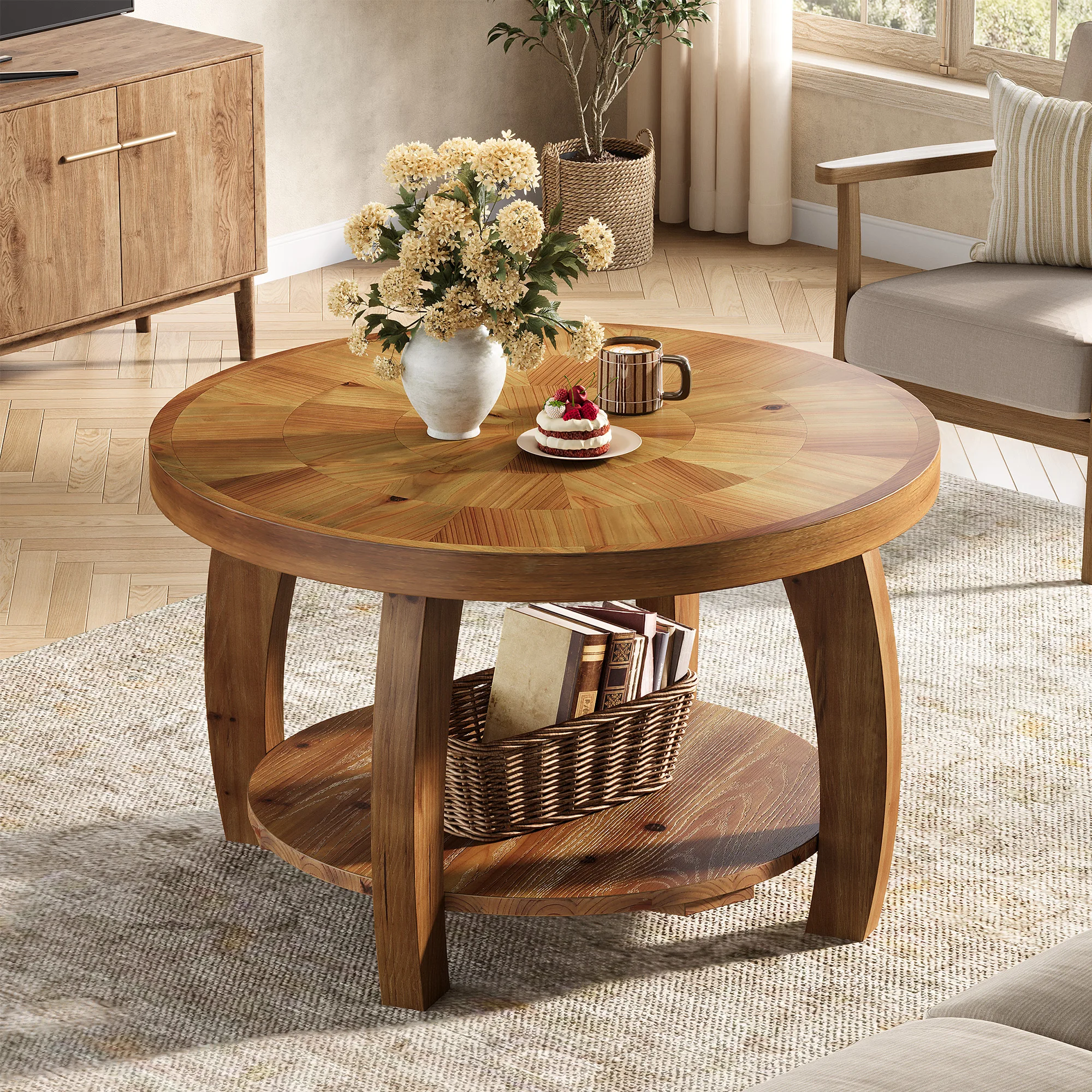# 31.5 Inch Solid Wood Round Coffee Table 2 Tier Center Table With Storage Mosaic Pattern Easy Assembly Living Room Brown