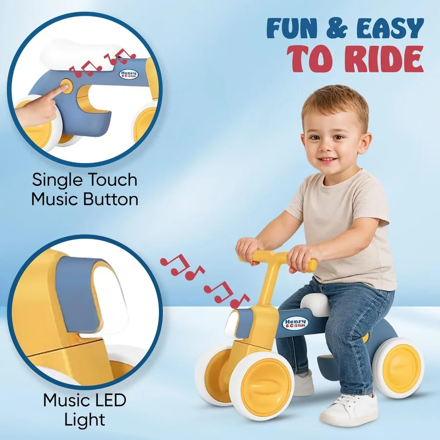 Babyloopfiets voor kinderen - Geen pedaal 4 stilte wielen en zachte zitting eerste fiets, peuterwandelaar voor jongens en meisjes, met licht, Musi