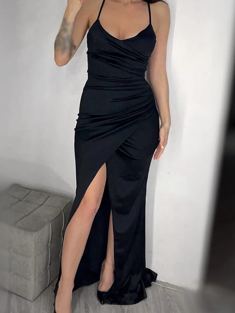 Romagic Sexy Black Lace Up V Neck Padded Cocktail Prom Dress Satin Stretch Pleated Slit Long Evening Party Dresses Summer 2024