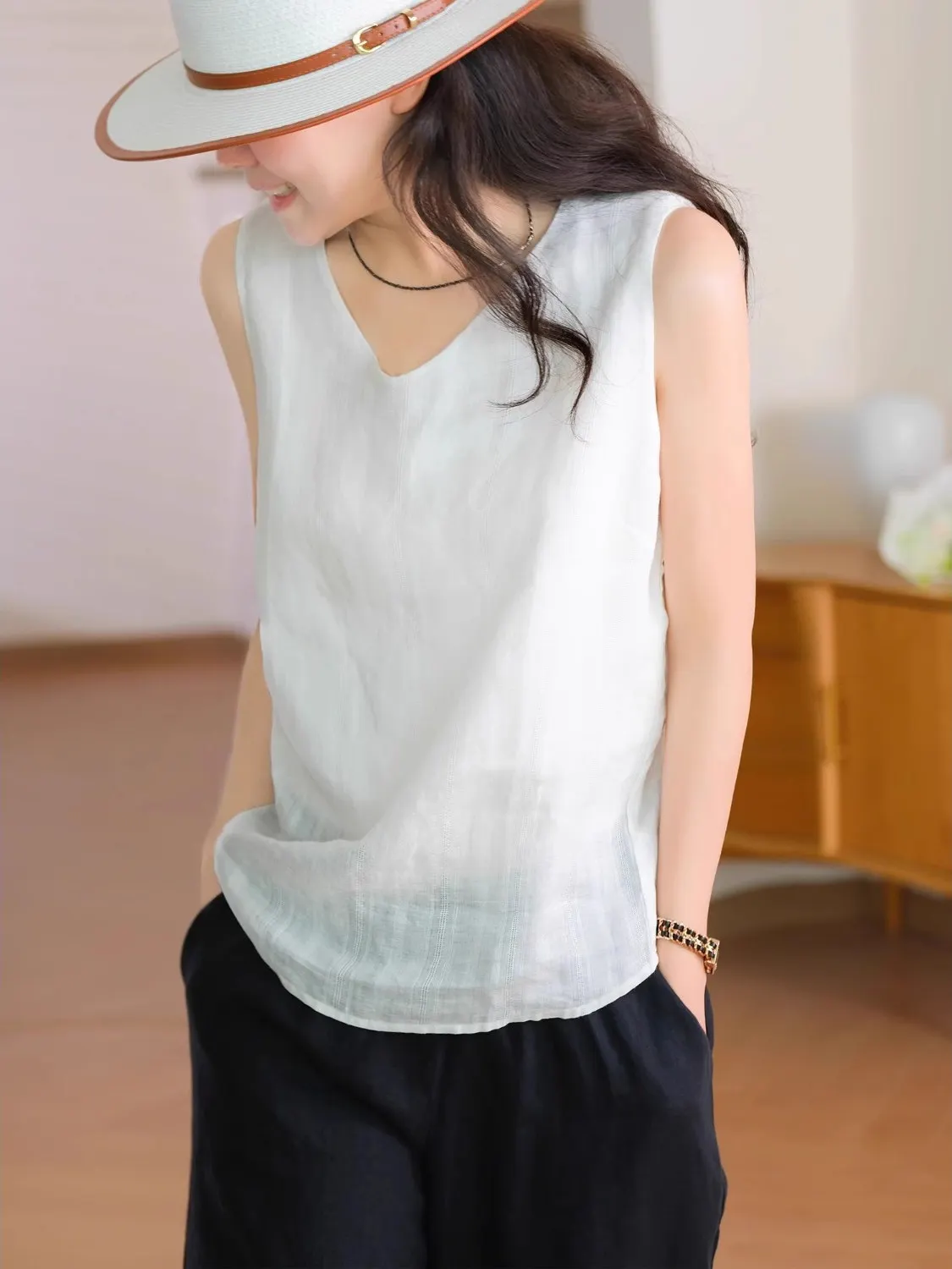 Comfortabel katoenen linnen V-Ne kleur T-shirt Casual veelzijdige afslankende Svel Vest Top voor dames zomer 2025,