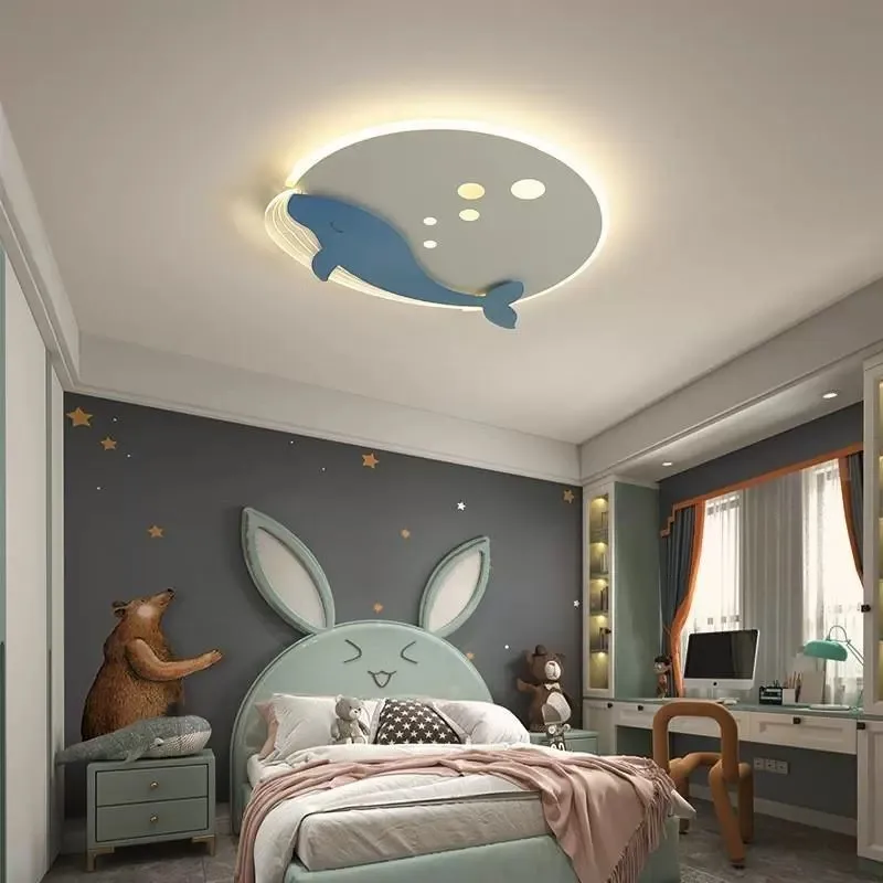 Modern Minimalist Cartoon Children's Room Ceiling Light - Whale & Rocket Design, Suitable for Boys' and Girls' Bedrooms