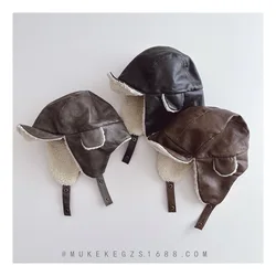 Winter Vintage Children's Pilot Hat Vintage U Leather Plus Velvet Lei Feng Hat Boys And Girls Snow Ear Protection Hat Gorras