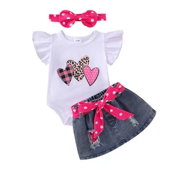 Baby Girl Summer Outfits Fly Sleeve Heart Print Romper Denim Skirt Headband Set Newborn Clothes