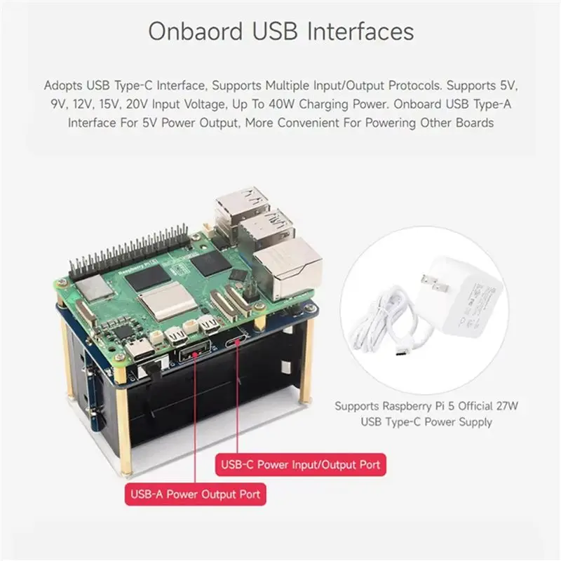 Delicate Texture-2X UPS HAT (E) For Raspberry Pi 5/4B/3B+, Bi-Directional Fast Charging, 5V 6A Output, Pogo Pins Connector