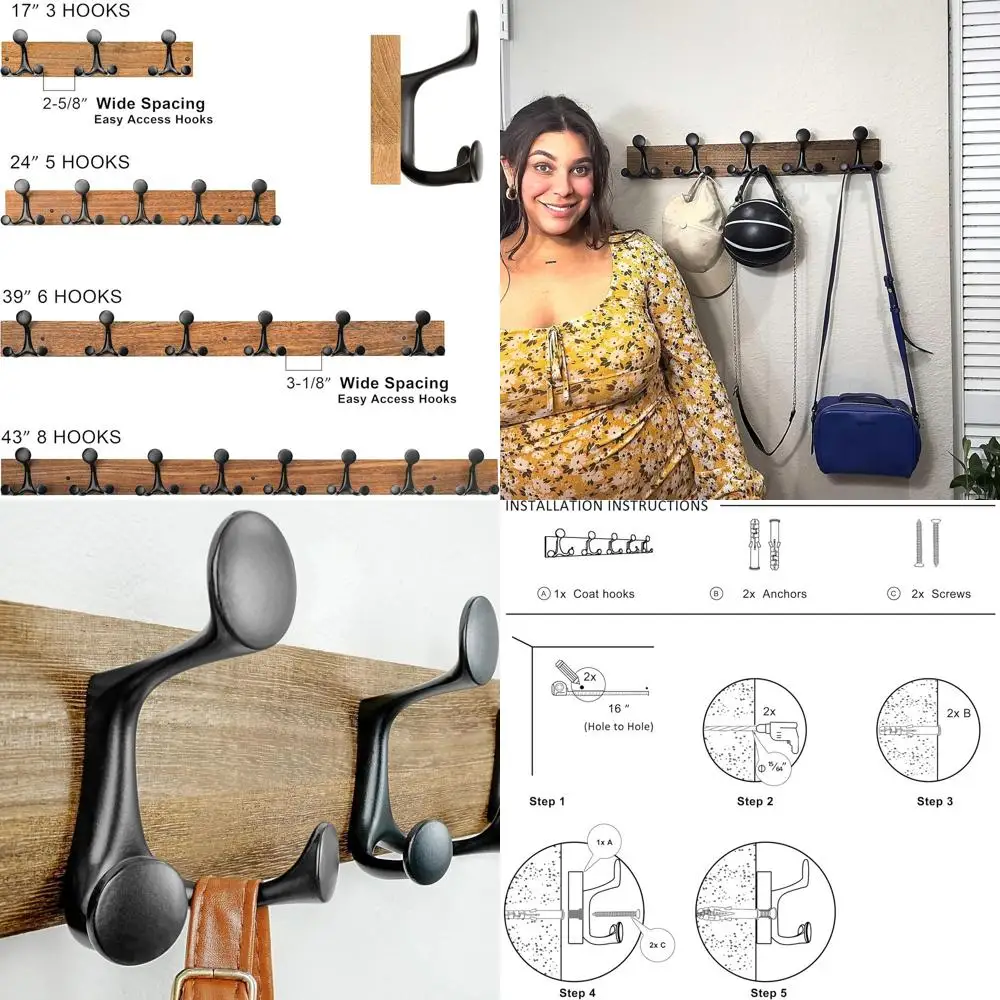 

Настенная вешалка для одежды из обожженного дерева, 24 дюйма, с 5 крючками — идеально подходит для дома, школы и хранения зоотоваров