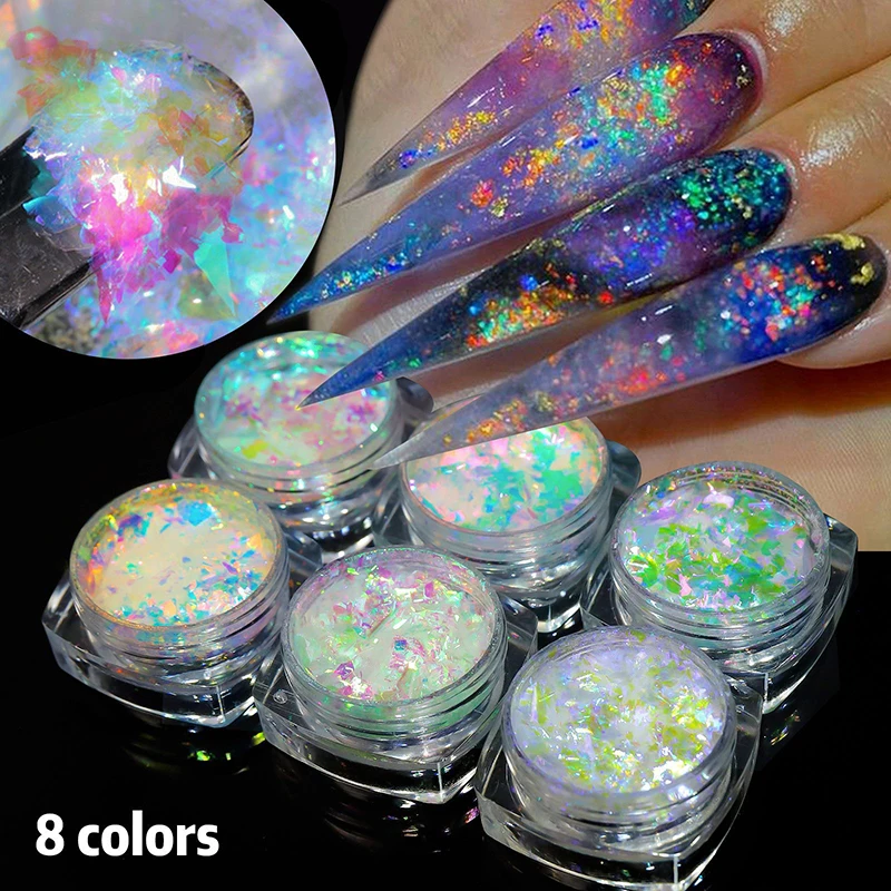 Doos Lovertjes Opaal Poeder Kleur Reflecterende Acryl Poeder Glitter Voor Nagels 0.3G Manicure Kunst Glitter Decoratie