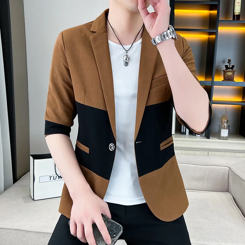 HOO 2024 Men's Summer Trendy Contrast Color Fit Half Sleeve Thin   blazer