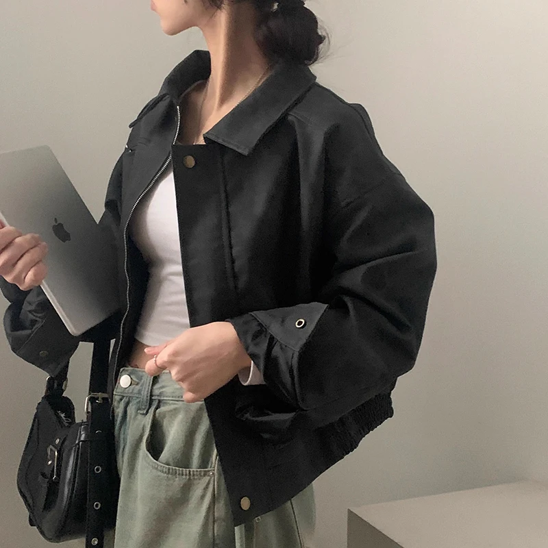 Chic Autunno Nuovo Vintage Allentato Casual Lungo Sve Pelle Scamosciata PU Jaet Cappotto da Donna Pendolarismo Sle Chiusura con Cerniera Tuta Sportiva