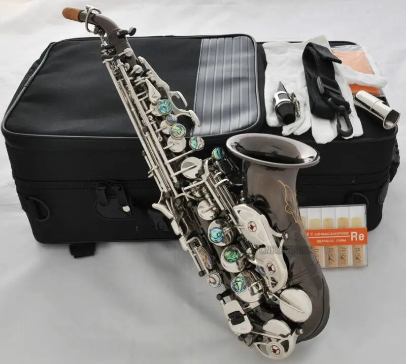 Hot sale Hot sale TOP Black Nickel Curved Soprano Saxophone sax Abalone Shell Silver Key +10xReed