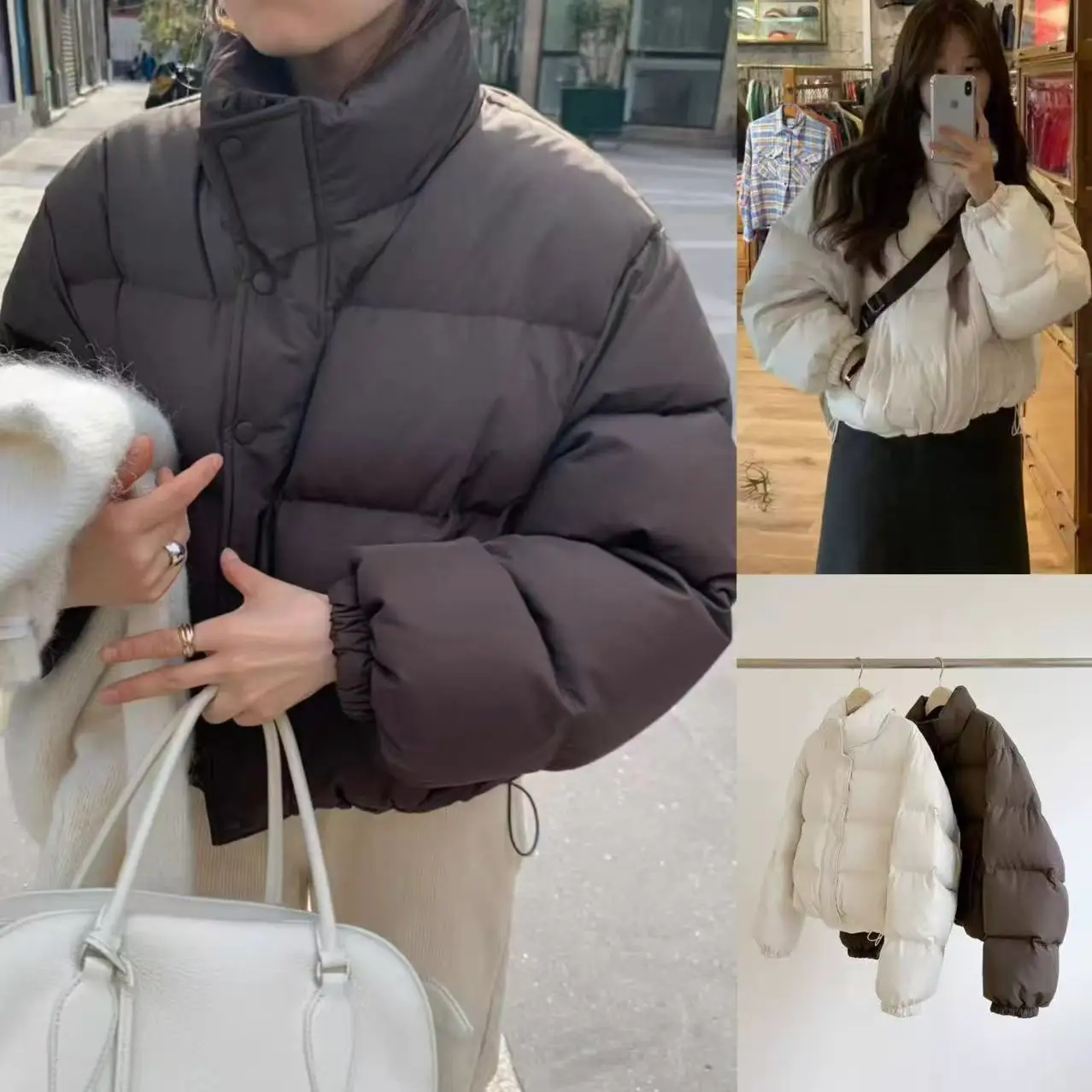 따뜻한 온스 루즈핏 순색 스탠드 칼라 화이트 다운 경량 따뜻한 겨울용 여성 자켓