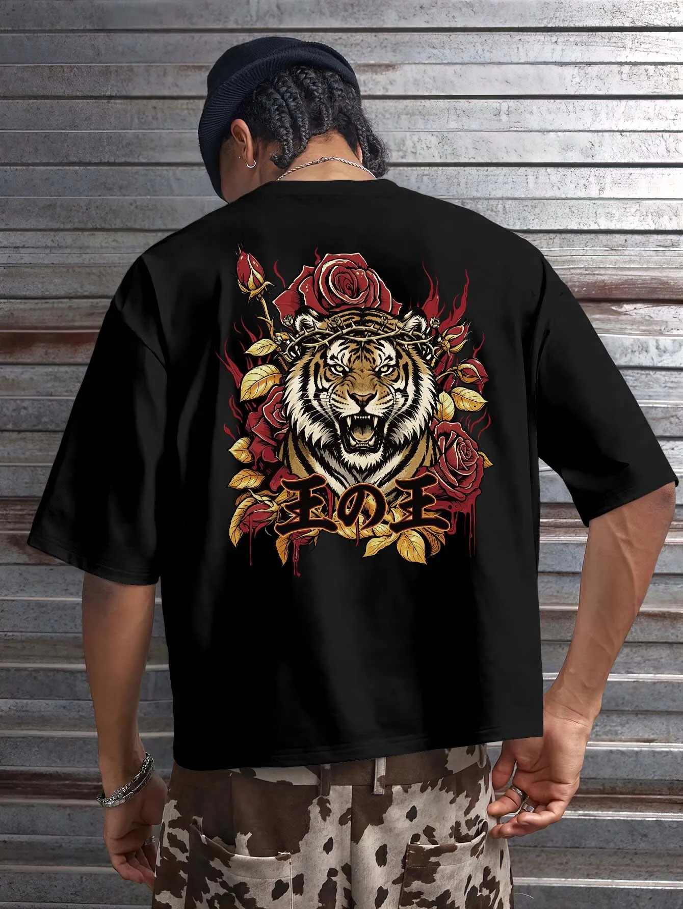 Men King Of Kings Tiger Rose Back Print Oversized T‑Shirt Polyester Loose Streetwear Short Sleeve Tee S‑2XL