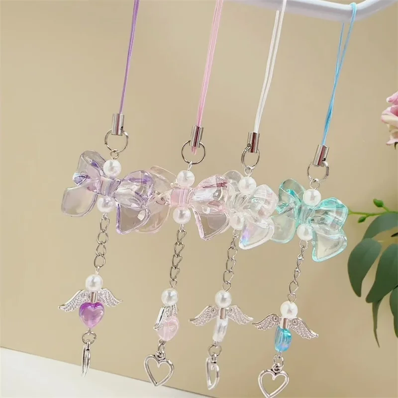 Y2k الملونة Bowknot سلسلة هاتف أجنحة حلوة الحب القلب قلادة حقيبة سماعة الاذن مكافحة خسر الحبل حقيبة مجوهرات ديكور