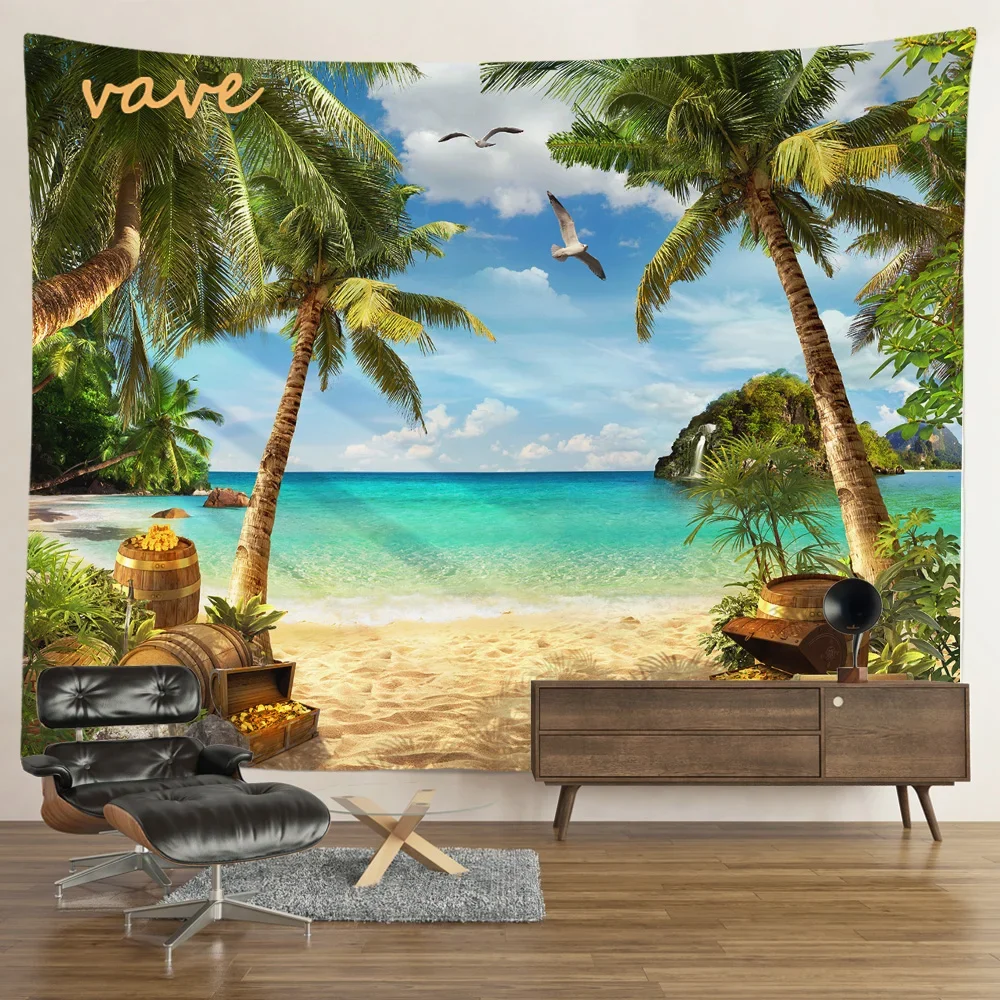 Landscape Palm Tree Beach Sunset Tapestry Wall Hanging Boho Printed Cloth Fabric Large Tapestry Aesthetic Interior Dorm Decor